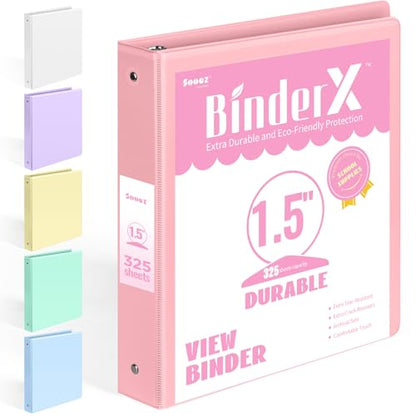 BinderX Extra Durable 1.5 Ring Binder, Round Ring 1.5 Inch Binders, Fits 325 Sheets of 8.5x11 Paper, Customizable View Cover with Inside Pockets, Cute 1.5" Binder, School Supplies for Girls, Pink - color: Pink, size: 1.5 inch