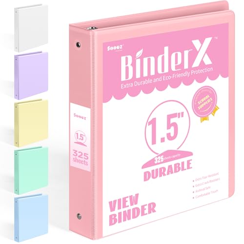 BinderX Extra Durable 1.5 Ring Binder, Round Ring 1.5 Inch Binders, Fits 325 Sheets of 8.5x11 Paper, Customizable View Cover with Inside Pockets, Cute 1.5" Binder, School Supplies for Girls, Pink - color: Pink, size: 1.5 inch