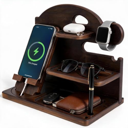Wooden Phone Docking Station for Men, Solid Wood Nightstand & Desk Organizer, Ideal Gift for Dad and Husband