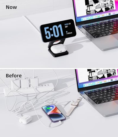 Foldable Magnetic Wireless Charger, KU XIU X40 Aluminum Alloy 3 in 1 Charging Station for Apple, Fast Charging Travel Charger for iPhone 17 16 15 14 13 12, 5W for Apple Watch & AirPods, Black - color: Black