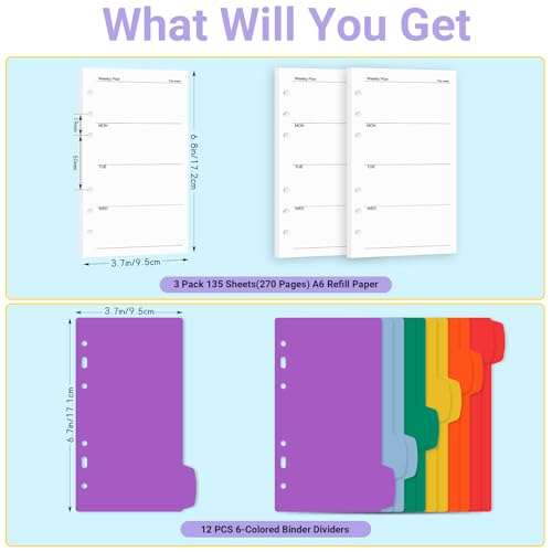 Antner A6 Weekly Planner Refill Paper 6-Hole Planner Inserts for A6 6-Ring Refillable Binder, 135 Sheets Undated Weekly Plan Loose Leaf Filler Paper with Binder Dividers For Agenda Work Schedule - color: Weekly Plan Paper