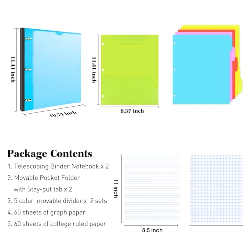 INFUN All-in-one Telescoping Binder Notebook - 2PCS, Refillable 3 Ring Notebook Binder with 1 plastic movable pocket folder,5 plastic subject dividers and graph paper and college ruled paper - Blue - color: Blue, size: 2 PCS