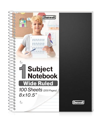 Dunwell 1 Subject Spiral Notebook (Black), Plastic Cover, 100 Sheets (200 Pages) 8x10.5 Paper, Wide Ruled for Easy Writing, 3-Hole Punched Perforated Pages, Divider with Pockets - color: Black