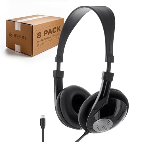 SENTRY Bulk 8 Pack Rugged School Headphones, USB C Jack Connection, Durable for Kids, Students, Teachers, Classrooms, Braided Cable, Inline Microphone, for Online Learning