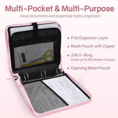SUNEE Zippered Binder Bag with Handle, 2-Inch 3-Ring O-Ring, 500-Sheet Capacity, Includes Zip Pocket, 5-Tab Expanding File Folder, Multi-Pocket Organizer Binder for Middle School, Pink Bow - color: Pink Bow