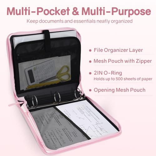 SUNEE Zippered Binder Bag with Handle, 2-Inch 3-Ring O-Ring, 500-Sheet Capacity, Includes Zip Pocket, 5-Tab Expanding File Folder, Multi-Pocket Organizer Binder for Middle School, Pink Bow - color: Pink Bow