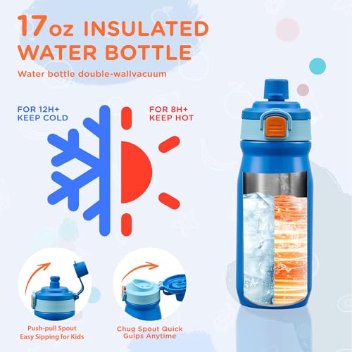 MAISON HUIS Bento Box for Kids with 8oz Soup Thermo, Insulated Lunch Bag & 17oz Water Bottle, 2-Compartment Bento Box with Built-In Ice Pack, Leak-Proof & BPA-Free (Blue) - color: Blue