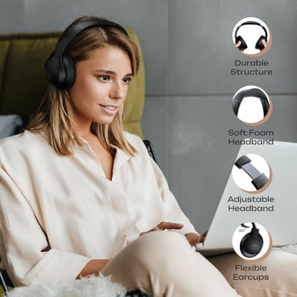 PowerLocus Bluetooth Headphones Over Ear, 50H Playtime with 4 EQ Modes Wireless Headphones with Microphone, HiFi Stereo Deep Bass, Soft Ear Cups, Foldable Lightweight Headset for Travel/Office/Workout - color: Black Line