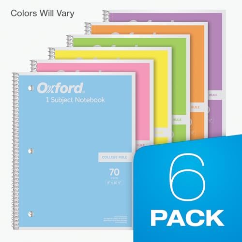 Oxford Spiral Notebook, 1 Subject, College Ruled Paper, 8 x 10-1/2 Inch, Pastel Pink, Orange, Yellow, Green, Blue and Purple, 70 Sheets (63756), Set of 6 - size: College Rule