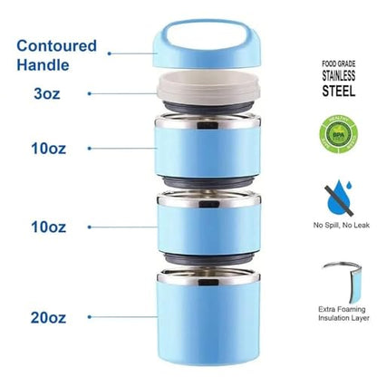 Lille Home Stackable Stainless Steel Thermal Compartment Lunch/Snack Box, 3-Tier Insulated Bento/Food Container with Lunch Bag, Utensils Set and Three Extra Seals, 43OZ (Blue with Utensils) - color: Blue with Utensils