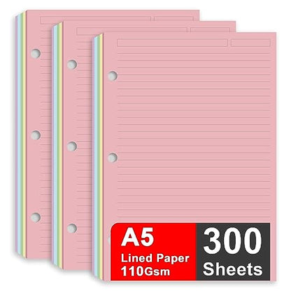 A5 Filler Paper, 3 Hole Notebook Refills Paper for 3 Ring Refillable Binder, 110 Gsm 5-Color Loose Leaf Planner Refill Paper, 300 Sheets/600 Pages, 5.7x8.3 Inch - color: red