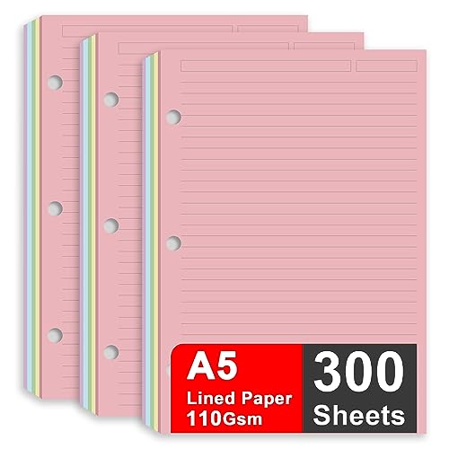 A5 Filler Paper, 3 Hole Notebook Refills Paper for 3 Ring Refillable Binder, 110 Gsm 5-Color Loose Leaf Planner Refill Paper, 300 Sheets/600 Pages, 5.7x8.3 Inch - color: red
