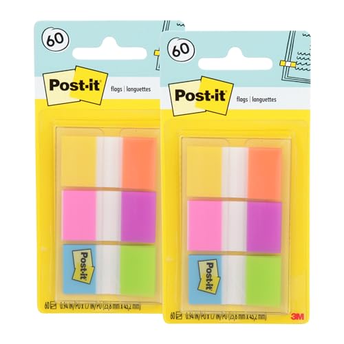 Post-it Flags, 60/On-the-Go Dispenser, .94 in Wide, Alternating Electric Glow Collection (680-EG-ALT) (Pack of 2) - size: Pack of 2