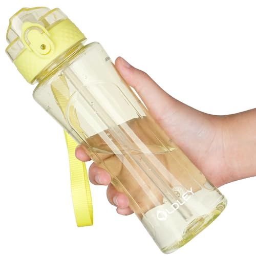 OLDLEY Kids Water Bottle with Straw 15 oz BPA-Free Leak-Proof Motivational Water Bottles with Time Marker for School Sports Travel Gym, Easy to Use for Girls Goys, 1 Straw Lid, Transparent-yellow - color: A-Transparent Yellow, style: Straw Lid