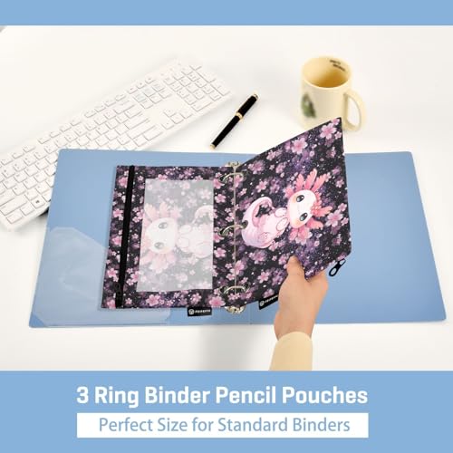 Axolotl Pencil Pouch For 3 Ring Binder Clear Window Pencil Case For 3 Ring Reinforced Grommets With Zipper, 2 Pack - color: Axolotl
