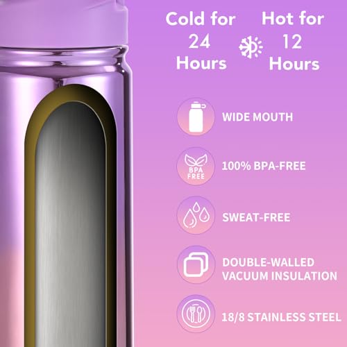 Mininoo Kids Water Bottle, Girls Water Bottles for School, 16oz Metal Water Bottle Kids with Straw Lid - color: 16oz Specular Purple/Pink, size: 16 Ounces