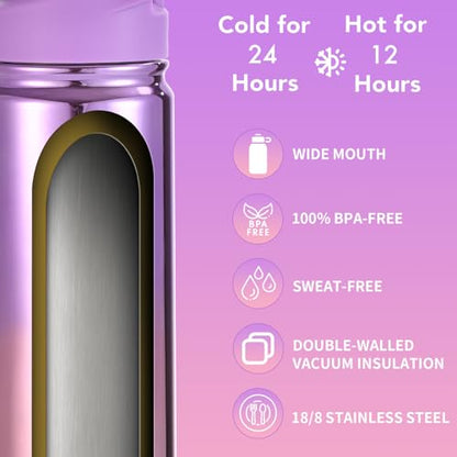 Mininoo Kids Water Bottle, Girls Water Bottles for School, 16oz Metal Water Bottle Kids with Straw Lid - color: 16oz Specular Purple/Pink, size: 16 Ounces