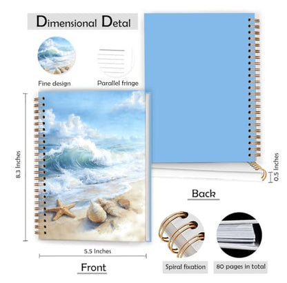 XUNLURY Ocean Beach Notebook, Blue Coastal Beachy Starfish Seashell Journal, Beach Themed Gifts Journal, Gifts for Ocean Lovers Hardcover Spiral Notebooks, 5.5x8.3 Inch - color: Color_F