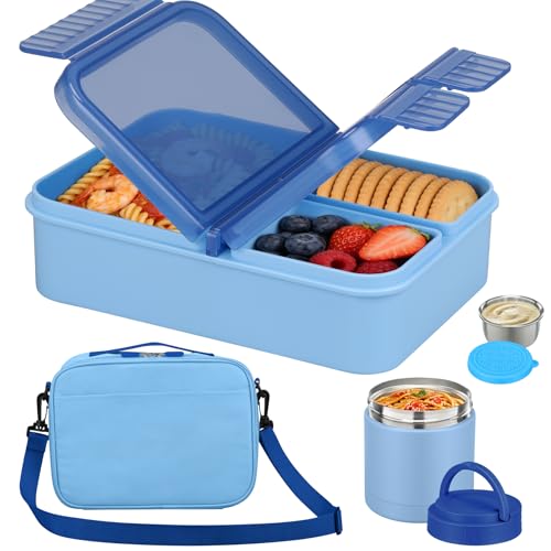 HWONMTE Bento Lunch Snack Boxes Set for Kids Reusable Food Containers with Insulated Lunch Bag, Sauce Box,Removable Dividers for Toddler Girls Boys Teens to School,Travel - color: Blue Set