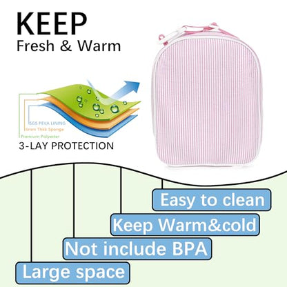 MT WORLD Personalized Lunch Bag Tote Custom Embroidery Name Reusable Seersucker Stripe Pattern Insulated Lunch Box - color: Pink