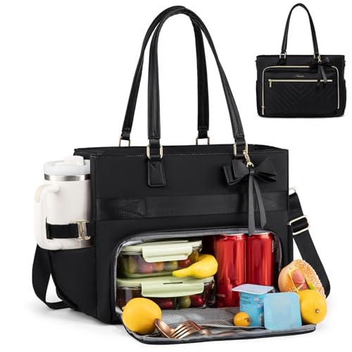 LOVEVOOK Lunch Tote Bag for Women, Insulated Lunch Bag, Large Capacity Teacher Nurse Bag for Work with Large Cup Holder Water Resistant, Womens Crossbody Handbags fit 17.3 Inch Laptop, Black - color: Black, size: 17.3 Inch With Lunch Compartment