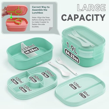 2 Layers Bento Box, All-in-One Stackable Lunch Container with Compartments, 64oz Leakproof Microwave Safe Dishwasher Safe Bento Box with Lunch Bag and Utensil Set for Kids and Adults - color: A-Green