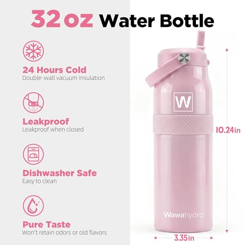 32 oz Insulated Water Bottle with Straw, Leakproof Stainless Steel Bottle with Handle, Non-Slip Silicone Sleeve, Internal Markings, Dishwasher Safe for Travel, Gym, Sports,Pink - color: Pink