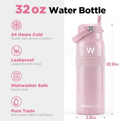 32 oz Insulated Water Bottle with Straw, Leakproof Stainless Steel Bottle with Handle, Non-Slip Silicone Sleeve, Internal Markings, Dishwasher Safe for Travel, Gym, Sports,Pink - color: Pink