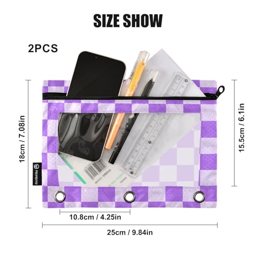 Purple Grid Pencil Pouch for 3 Ring Binder with Zipper 2 Pack Binder Pouches Cosmetic Bag with Clear Window - color: multi-p1