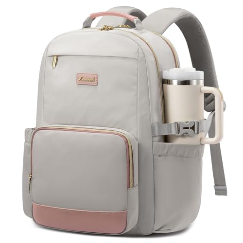 LOVEVOOK Laptop Backpack for Women with Pouch Pocket for Large Capacity Cup,15.6 Inch Laptop Computer Bag Travel Backpack Purse,Waterproof Work Business Backpack College Teacher Bags,Gray-Pink - color: Gray - Pink, size: 15.6 Inch