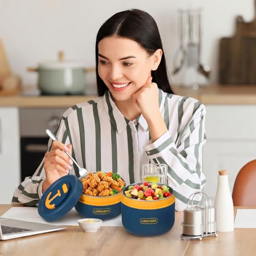 Dandat 2 Pcs Portable Insulated Lunch Containers Thermal Bento Box with Bag Fork Knife Stainless Steel Lunch Box 15.2 oz 21 oz Separate Stackable Food Jar for Adult Men Women(Navy Blue) - color: Navy Blue