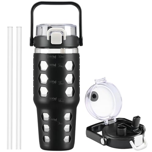 MUKOKO 32 oz Glass Tumbler with Straw,Glass Water Bottles with Time Marker,Iced Coffee Cup with Silicone Sleeve,Motivational Drinking Bottles,Leakproof-Black - color: Black, size: 32 Ounces