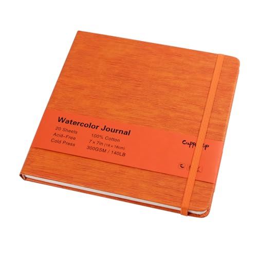 CuppaClip Leather Watercolor Journal, 300gsm/140lb 100% Cotton Cold Press Water ColorPaper, 20 Sheets Acid-Free Watercolor Sketchbook Art Notebook for Painting, Drawing, Travel (Orange, 7×7in) - color: Orange, size: 7×7in