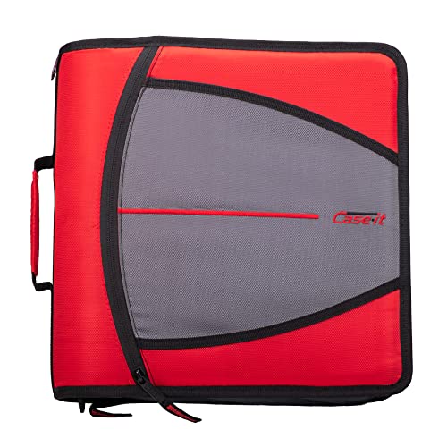 Case-it Mighty Zip Tab Zipper Binder with 5-Color Tabs, Expanding File Folder, Shoulder Strap and Handle, 600 Sheet Capacity, 3 Inch O-Rings, Jet Black and Fire Engine Red