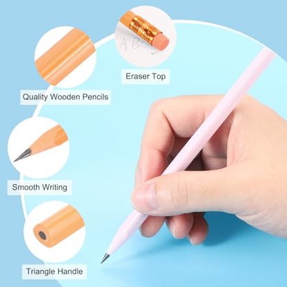 PATIKIL Round Pencils, 12 Pcs Triangle HB Graphite Pencil Wooden Pencils with Eraser for Classroom Office Writing Drawing Supplies, Orange - color: Light Orange