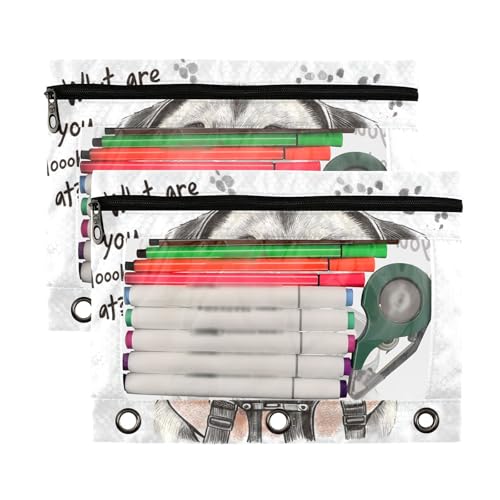 Kcldeci Pencil Pouch for 3 Ring Binder, Cute Dog 2 Pack Binder Pencil Pouch with Clear Window Pencil Bags with Zipper Pencil Case for Binder - color: A06