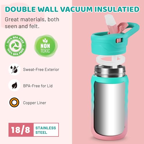 HAUSHOF Kids Water Bottle 12 oz BPA-free with Straw and Stickers, Stainless Steel Vacuum Double Wall Insulated cup with Leak Proof for school, Gift, Girls (Green and Pink) - color: Green and Pink(1 Pack)