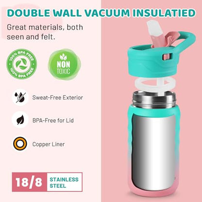 HAUSHOF Kids Water Bottle 12 oz BPA-free with Straw and Stickers, Stainless Steel Vacuum Double Wall Insulated cup with Leak Proof for school, Gift, Girls (Green and Pink) - color: Green and Pink(1 Pack)