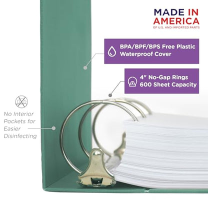 Carstens 4-Inch Heavy Duty 3-Ring Binder - Side Opening, Mint, Durable Plastic, No-Gap Rings, Waterproof Cover, No Pockets, Holds 600 US Letter Sheets, BPA-Free, Made in USA (1844-3R), Case of 10 - color: Seafoam Green, size: Case of 10