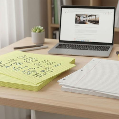 200 Sheets Loose Leaf Paper, 100 Yellow & 100 White Wide Ruled Paper, 8"x10.5", 3-Hole Punched for Binders, School, College & Office Use, Fights Ink Bleed