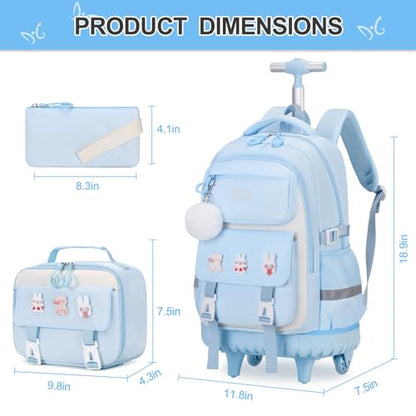DIGOBAY Rolling Backpack for Girls, Roller School Bag with Wheels, Wheeled Backpacks with Lunch Bag Pencil case for Elementary School Bookbags with Cute Pins Blue - color: Blue