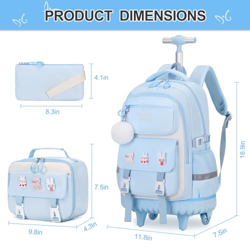 DIGOBAY Rolling Backpack for Girls, Roller School Bag with Wheels, Wheeled Backpacks with Lunch Bag Pencil case for Elementary School Bookbags with Cute Pins Blue - color: Blue