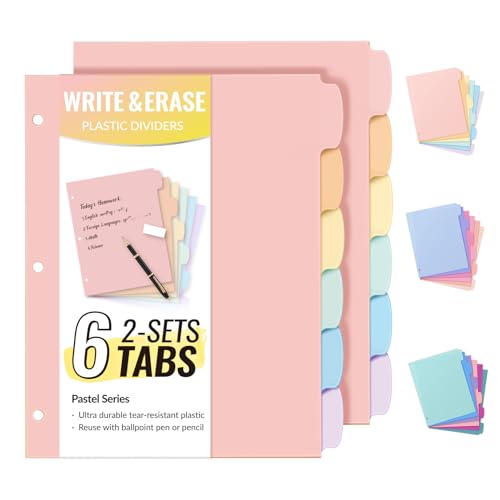 Sooez 6-Tab Durable Plastic Write & Erase BigTab Dividers for 3 Ring Binder | Aesthetic Cute Binder Dividers for Student, Teacher, Office, Home Organizers, 2 Sets - color: Pastels, size: 2 set