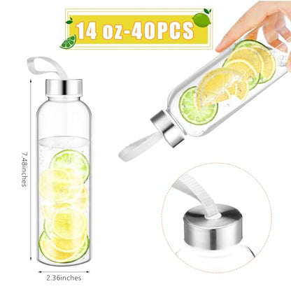 Zubebe 40 Pcs Reusable Water Bottles Bulk Clear Bottles with Stainless Steel Leak Proof Lids Acrylic Bottles with Nylon Carrying Strap Shaker Bottles for Water, Milk, Smoothie, Juice Beverage - size: 14 oz