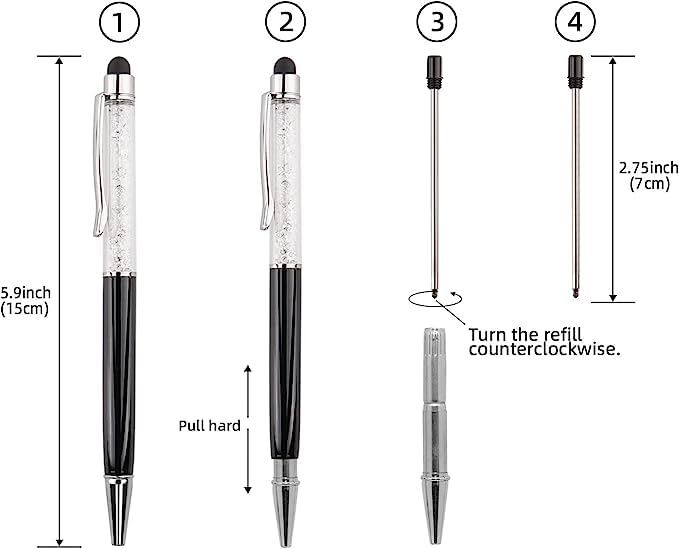 Bling Ballpoint Pens Crystal Diamond Pen Capacitive Touch Screen Stylus with Replacement Refills Rubber Tips for iPhone iPad Kindle Touchscreen Devices 3Pcs Writing Pen (Black) - color: black