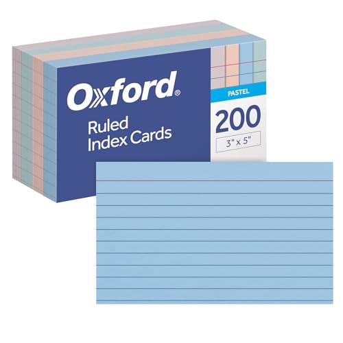 Oxford Ruled Index Cards, Lined Note Cards, Flashcards for School, 4 Assorted Pastel Colors: Gray, Peach, Light Blue and Light Green, 3 Inch x 5 Inch, 200 Cards Per Pack (1017486)