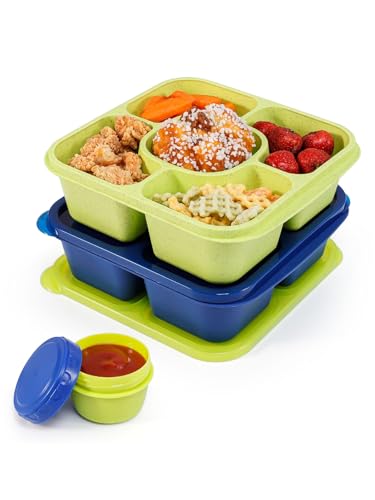 Original Lunchable Snack Containers - 5 Compartments Bento Snack Boxes with 1 Leakproof Small Containers, Wheat Straw, BPA-Free, Set of 2 (Navy+Light Green) - color: Navy+Light Green
