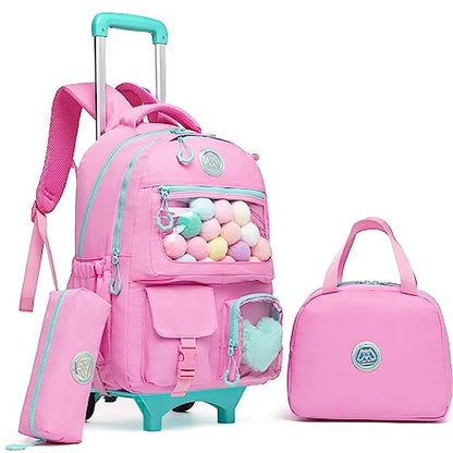 Rolling Backpack for Girls Kids Backpack with Wheels Backpacks for Elementary with Lunch Box Pencil Case Trolley Luggage - color: Pink