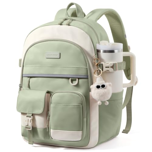 LOVEVOOK School Backpack for Teen Girls, Student Backpack Purse for 8-16 Teenage, Cute Kid Bookbag with Large Cup Holder, Back to School Backpacks Fit 15.6 Inch Laptop, Large College Travel Bag Gift - color: Green-white With Reflective Strip, size: 15.6 i