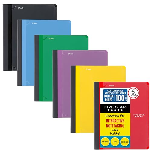 Five Star Interactive Notetaking Composition Book, 1 Subject, College Ruled Paper, 9" x 11", 100 Sheets, Customizable, Assorted Colors, 6 Pack (38612) - size: 6 Pack